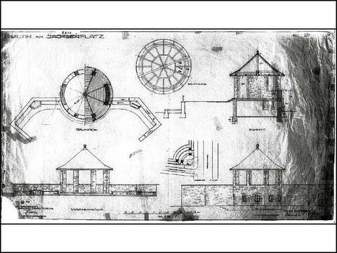 Erwin Barth - Sachsenplatz (Brixplatz), Entwurf zum Pavillon, M 1:500, 1:50, 1920, Bleistift/Transp.