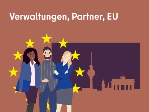 Illustration: im Vordergrund drei Figuren und im Hintergrund Sehenswürdigkeiten von Berlin