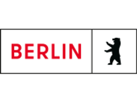 Berliner Logo Schriftzug Berlin in rot auf weißem Grund rechts daneben Berliner Bär in schwarz auf weißem Grund