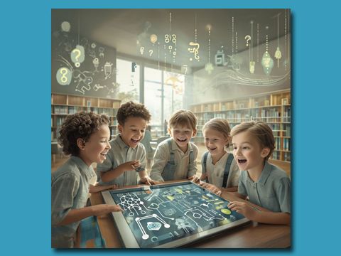 KI generiertes mit lachenden Kindern an einem Tisch mit einem futuristischen Spiel