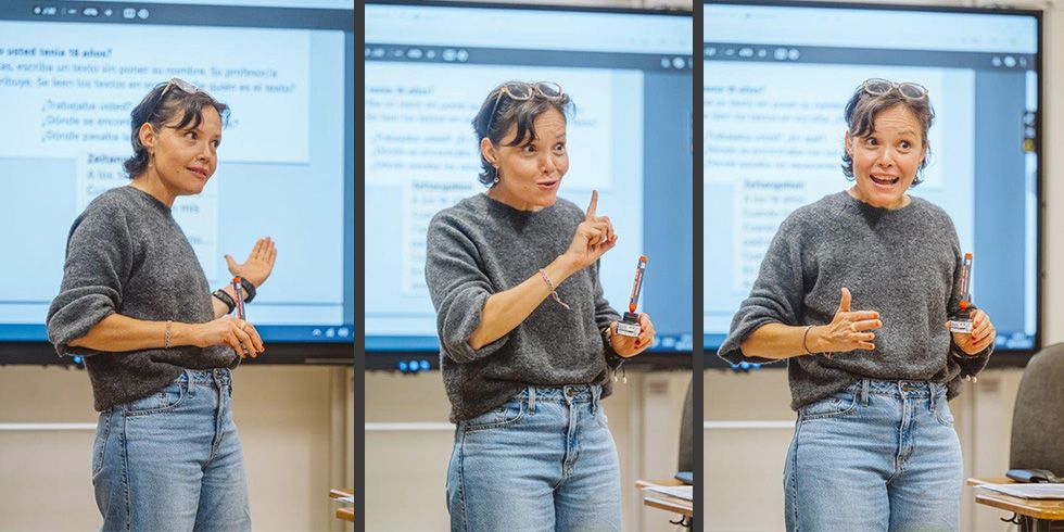 Collage von drei Abbildungen von Alicia Villasenor mit verschiedenen Gesten