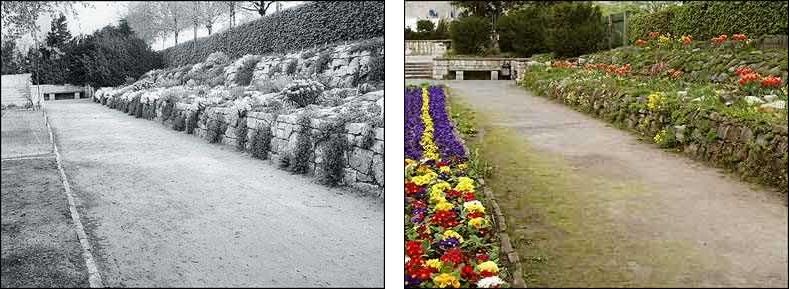 Fotovergleich historisch und heute - Steingarten und Bank am Nordausgang des Brixplatzes