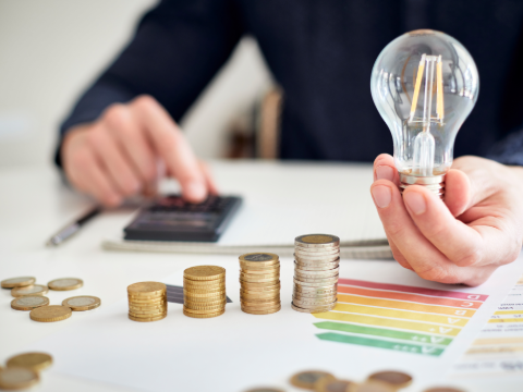 Eine Person rechnet mit Taschenrechner und ermittelt eine Stromverbrauchsbilanz.