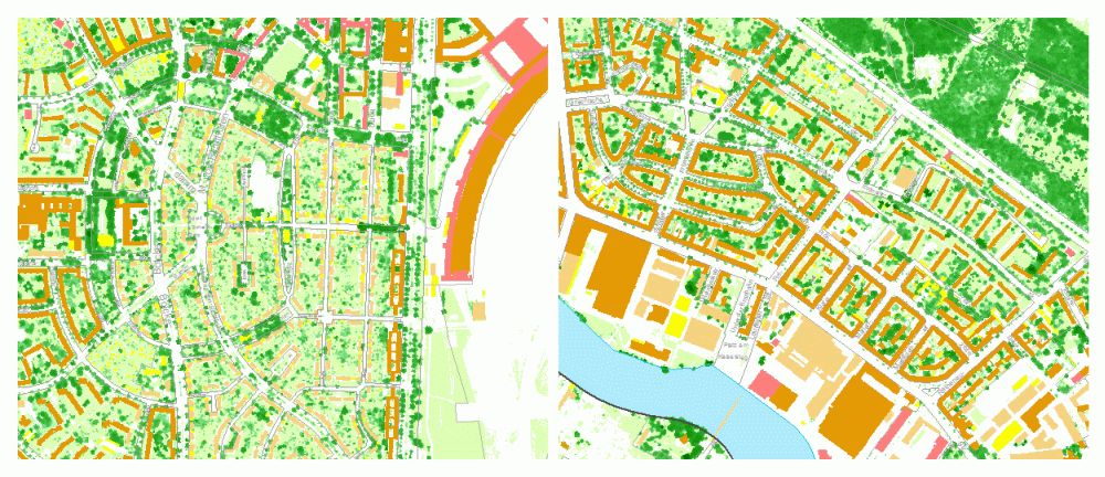 Fig. 20: Classification results in the area of loose, intensively green construction at the edge of the inner city (inside the Circle Line): Row-houses and duplexes with gardens in Neu-Tempelhof (left) and row-houses with landscaped residential greenery south of An der Wuhlheide in Treptow-Köpenick (right) (scale 1: 7500) (Image: Umweltatlas Berlin)