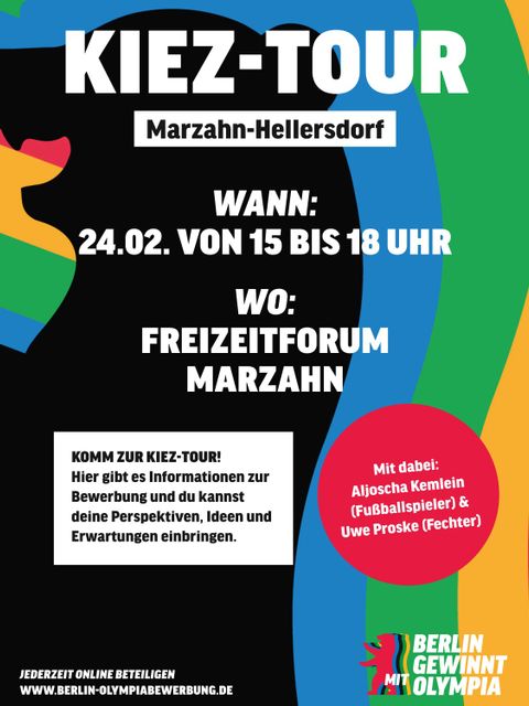 Informations-Grafik über die Kiez-Tour zu Olympia im Freizeitforum Marzahn am 24. Februar von 15-18 Uhr. Mit dabei: Aljoscha Kemlein (Fußballspieler) und Uwe Proske (Fechter)