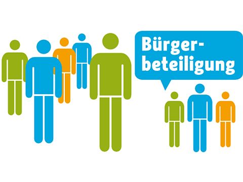 Verschiedenfarbige Figuren mit Spruchblase "Bürgerbeteiligung"