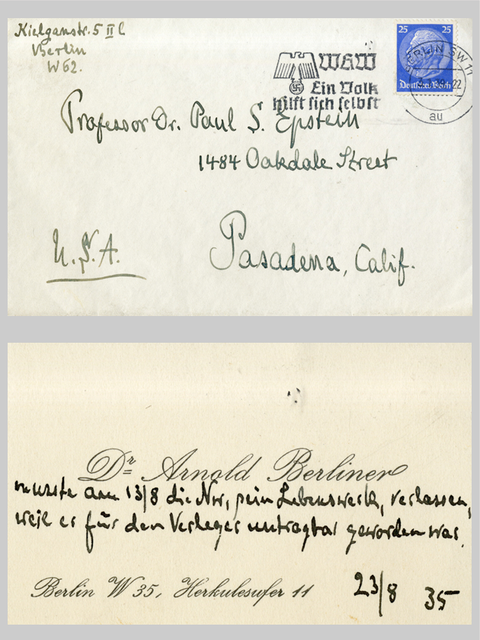 Arnold Berliner berichtet seinem Freund, dem Physiker Paul Epstein, von seiner Entlassung 1935: "Dr. Arnold Berliner musste am 13/8 die Nw, sein Lebenswerk, verlassen, weil er für den Verleger untragbar geworden war. Berlin W35, Herkulesufer 11 23/8 35"" (Bild: Caltech Archive)