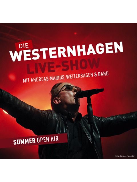 Banner mit Aufschrift "Die Westernhagen Live-Show" und Westernhagen am Mikro