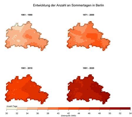 Abb. 13: Entwicklung der Anzahl an Sommertagen in Berlin für die Referenzperioden 1961-1990, 1971-2000 und 1991-2020, basierend auf DWD-Rasterdaten