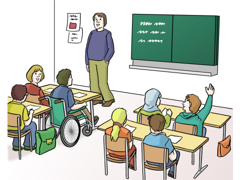 Schülerinnen und Schüler mit einem Lehrer im Klassenzimmer
