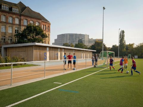 Visualisierung des temporären Sportfunktionsgebäudes für den Bildungscampus Schöneberger Linse