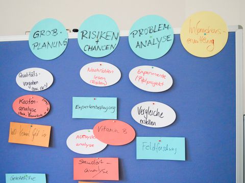 Pinnwand aus dem Kurs Projektmanagement mit beschrifteten Karten.