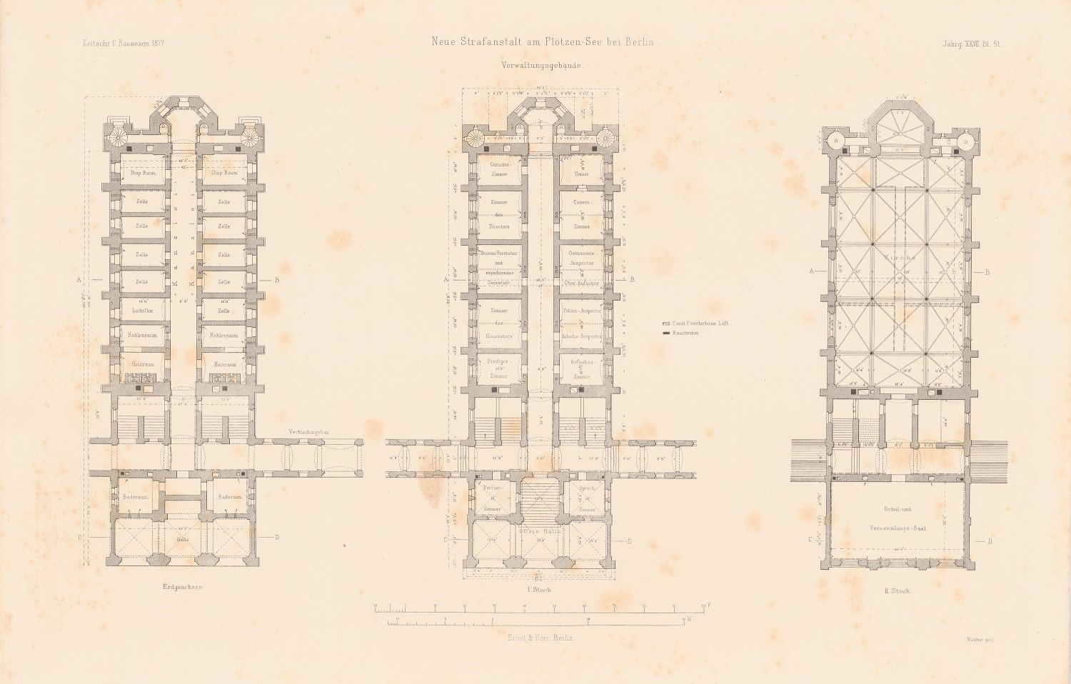 Neue Strafanstalt Plötzensee, Berlin. (Aus: Atlas zur Zeitschrift für Bauwesen, hrsg. v. F. Endell, Jg. 27, 1877.) (1877-1877)