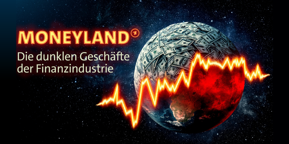 Titel "Moneyland - Die dunklen Geschäfte der Finanzindustrie" mit Montage eines Erdballs , der zur oberen Hälfte aus Dollarscheinen besteht, die Grenze zur südlichen, bedrohlich dunkelrot ausgeleuchteten Region wird von einer Zickzacklinie markiert, cie einem Kursverlaufsdiagramm ähnelt.