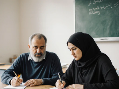 Elternkurse, ein ca. 40-jähriger Mann und eine ca. 30-jährige Frau aus Syrien arbeiten an einem Arbeitsblatt an einem Schultisch in einem KLassenraum.