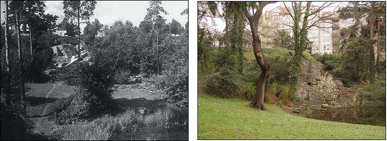 Fotovergleich historisch und heute - Teich und Rüdersdorfer Formation am Brixplatz