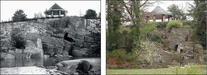Fotovergleich historisch und heute - Pavillon, Rüdersdorfer Formation mit Wasserfall