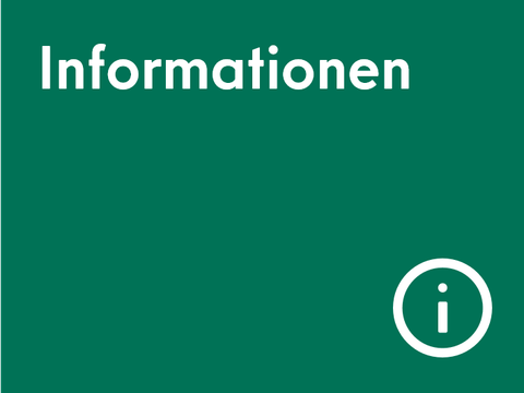 Kachel Informationen mit weißem Text auf Dunkelgrün, unten rechts das Symbol des Buchstaben i für Info