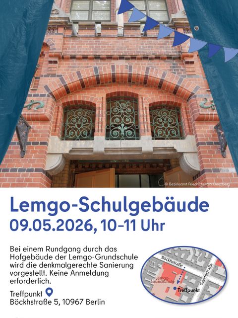 Lemgo-Grundschule, Hofgebäude - Plakat zum Tag der Städtebauförderung 09.05.2026 (Bild: Stadtentwicklungsamt Friedrichshain-Kreuzberg)