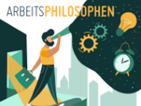 Mann auf Haus mit Sprachrohr und Sprechblase zum Thema Arbeitsphilosphien und Aktentasche in der Hand