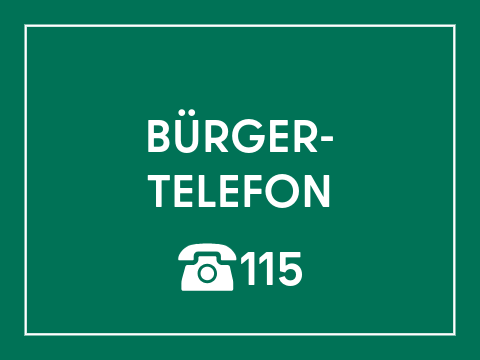 Kachel Schriftzug "Bürgertelefon", Symbol Telefon und die Nummer 115. Weiße Schrift auf dunkelgrünem Hintergrund