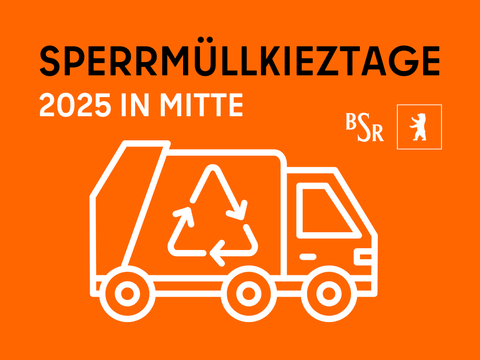 Sperrmüllkieztage 2025 in Mitte, Müllauto-Icon auf orangefarbenem Hintergrund.