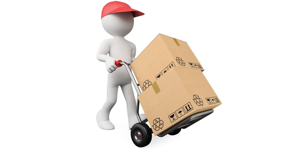 3D Arbeiter mit einer Karre und einem Karton