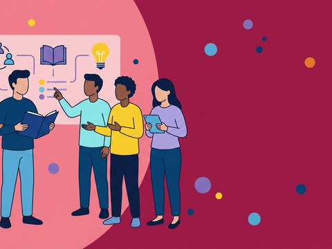 Leitbild der VHs Spandau, eine Gruppe von Menschen steht vor einem Board, jemand mit Buch in der Hand ein anderer zeigt auf das Board