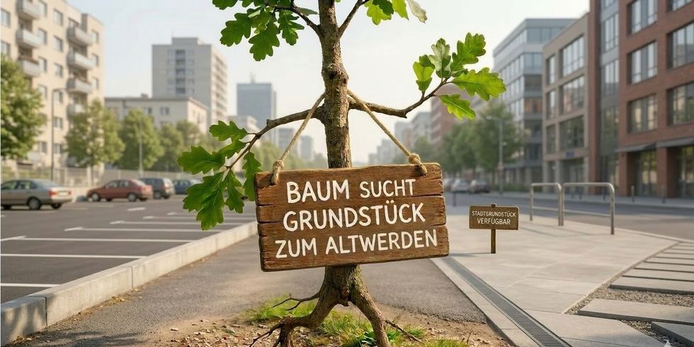 junger Eichenbaum läuft durch eine versiegelte Stadt, er trägt ein Schild mit der Aufschrift Baum sucht Grundstück zum Altwerden