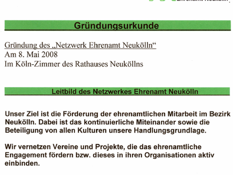 Gründungsurkunde des Netzwerk Ehrenamt Neukölln