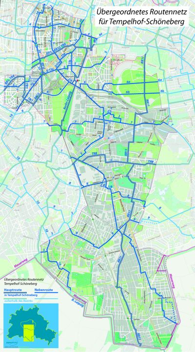 Bezirkskarte, in der das übergeordnete Routennetz für Tempelhof-Schöneberg dargestellt wird