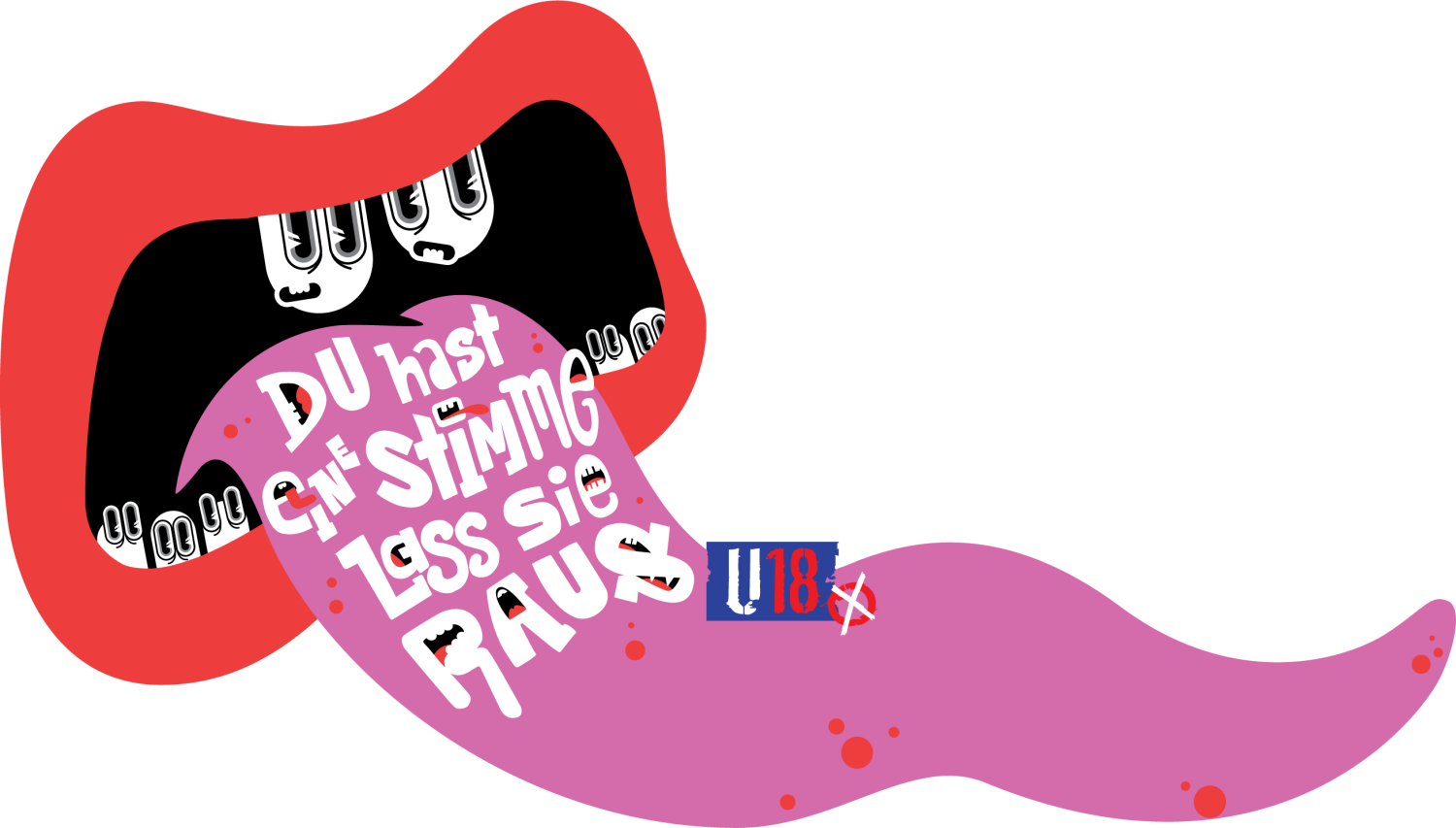 Grafik mit großem Mund aus dem eine lange pinke Zunge fällt