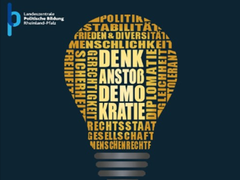 Denkanstoß Demokratie, gelbe Schrift als Glühbirne auf schwarzen Hintergund