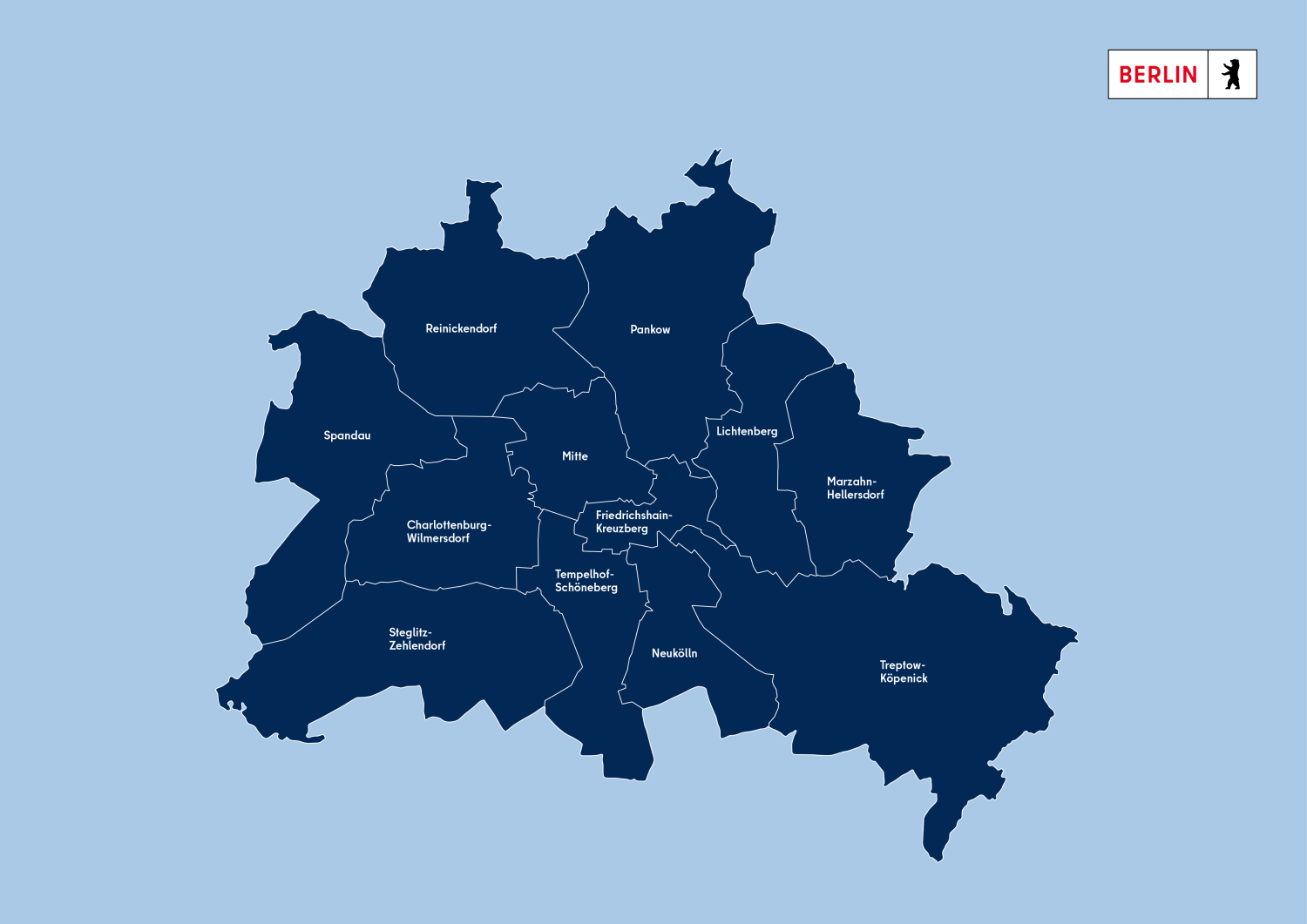 Eine Karte von Berlin, die die verschiedenen Stadtteile und deren Grenzen deutlich zeigt.