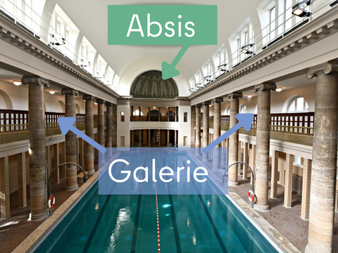 Stadtbad Neukölln: Schwimmhalle-Erklär-Grafik mit Absis und Galerie