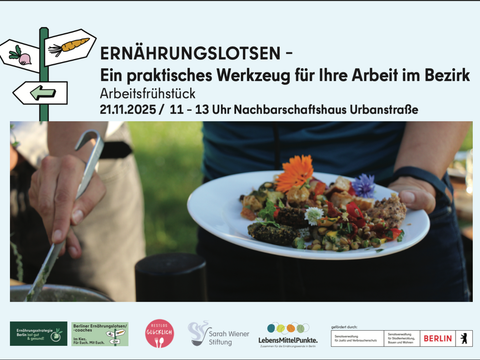 Eine Hand hält einen Teller mit zubereitetem Gemüse und Blumen, Aufschrift über dem Bild: "Ernährungslotsen - ein praktisches Werkzeug für Ihre Arbeit im Bezirk"