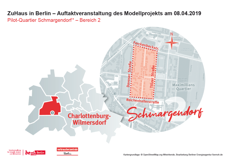 Das Pilot-Quartier Schmargendorf 2, von den Straßen Reichenhallerstraße, Davoser Straße, Forckenbeckstraße und Tölzer Straße begrenzt.