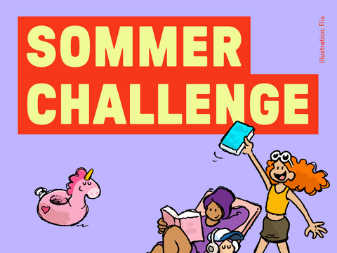 Unter dem Schriftzug "Sommer Challenge" sind drei Kinder als Comic-Figuren zu sehen. Eine Figur liest, eine hört Musik und die dritte hält begeistert ein Buch in die Luft