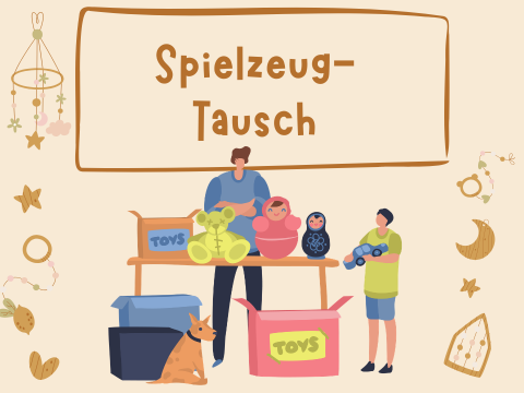 Teaserbild für den Spielzeugtausch (Illsutration von einer Familie die Spielzeuge auf dem Flohmarkt anbietet)