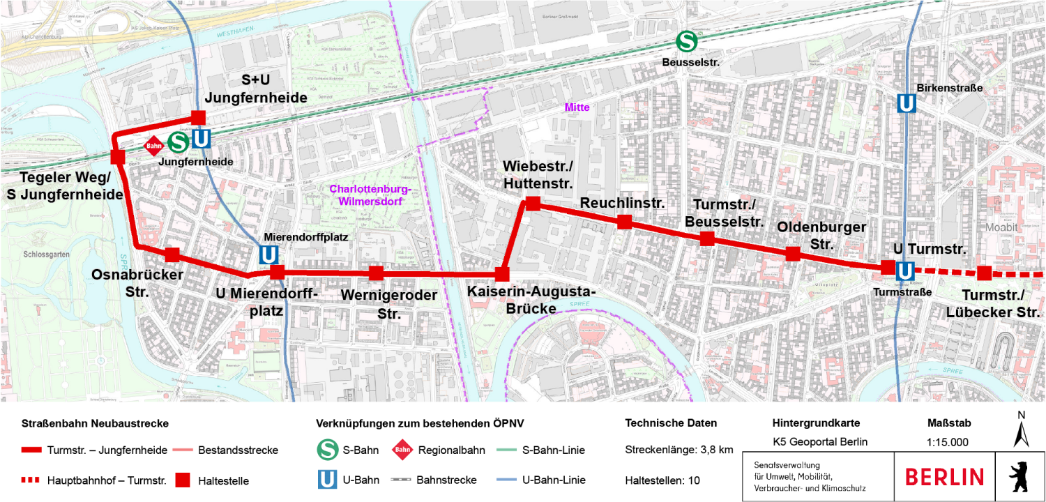 Abbildung 2: Verlauf der planerisch zu bevorzugenden Variante (Bild: SenUMVK / Hintergrundkarte: K5 Geoportal Berlin)
