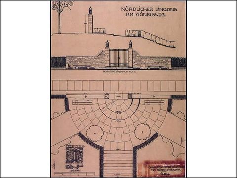 Erwin Barth - Lietzenseepark, Nördlicher Eingang vom Königsweg (Kantsraße), Entwurf, M 1:50, 1920, Tusche/Transp