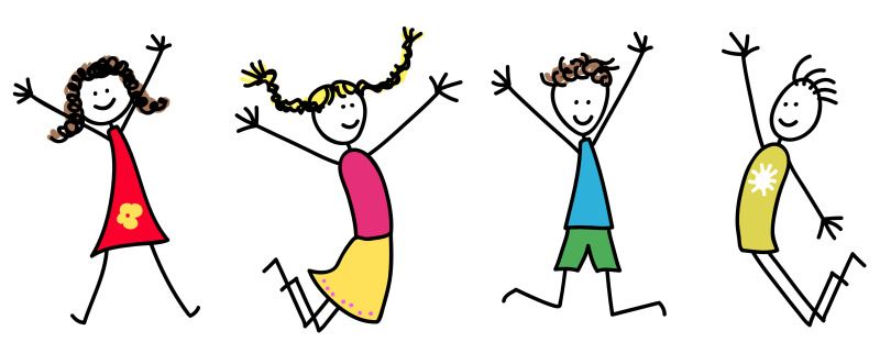 Kinderzeichnung von 4 fröhlichen Kindern als Strichmännchen die in die Luft springen