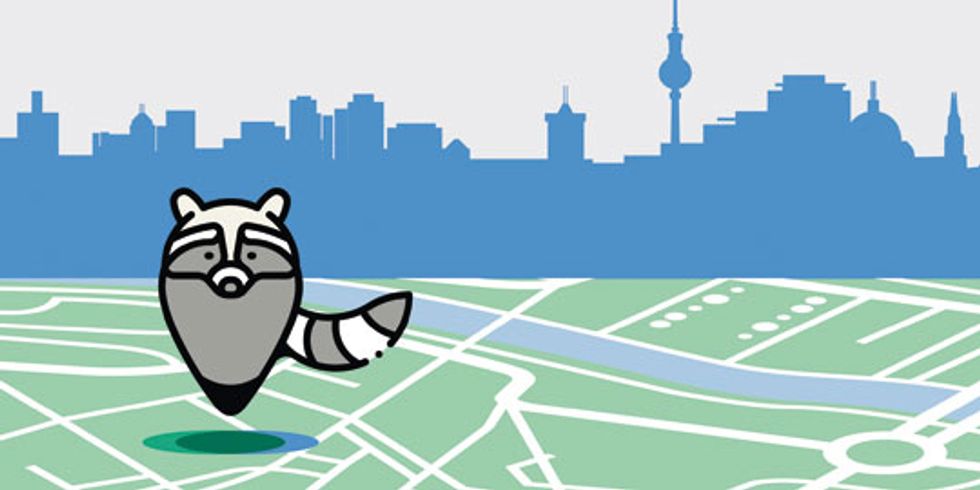 skizzierter Waschbär vor skizzierter Berliner Skyline