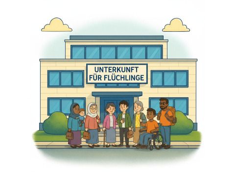 Eine Unterkunft für Flüchtlinge vor der unterschiedliche Personen stehen, einer sitzt im Rollstuhl