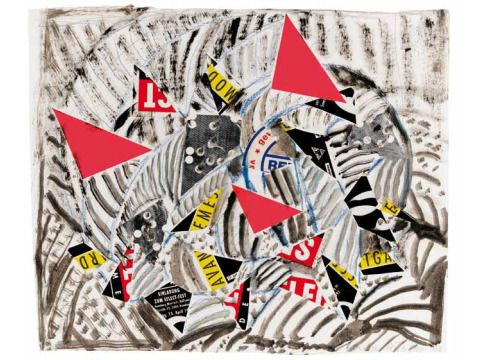 Louise Rösler: Drei rote Akzente · 1993 · Collage und Öl auf Papier · 33 x 40 cm (Bild: Museum Atelierhaus Rösler-Kröhnke)