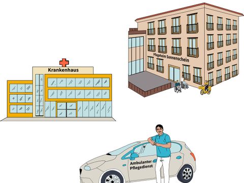 Pfleger mit Auto, Krankenhaus und Pflegeheim