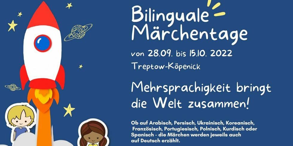 Grafik zu Bilingualen Märchentagen 2022 - Illustration: Rakete im Weltraum - daneben Kinder