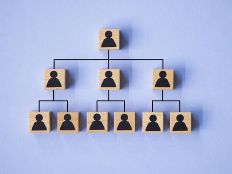 Corporate Teamwork und Kommunikation: Pinkfarbene und blaue Symbole repräsentieren die Teamstruktur in der Unternehmensorganisation