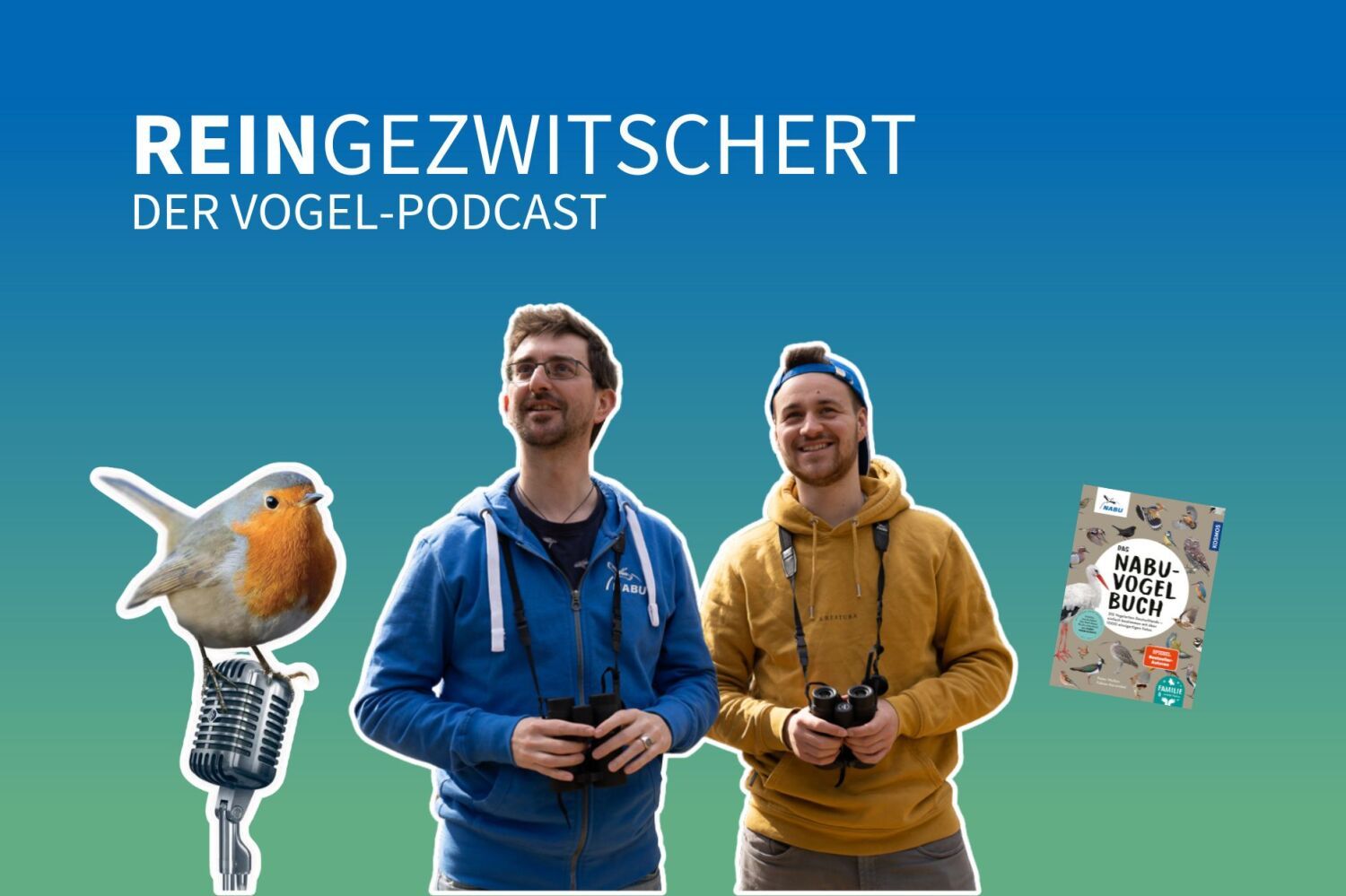 Titelbild für einen Podcast mit Titel, Foto von einem Rotkehlchen, zwei Männernund einem Buchcover