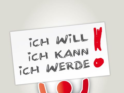 Illustration Mensch hält Plakat hoch mit Ich will, ich kann, ich werde